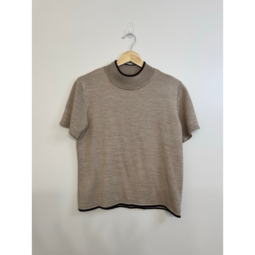 Tahari Sweater Top Tan Brown Beige Wool Blend Mock Neck Contrast Trim